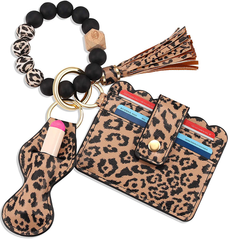 [Australia] - BVGA Wristlet Keychain Bracelet Wallet, Silicone Bead keyring Bangle for Women A:leopard Print 