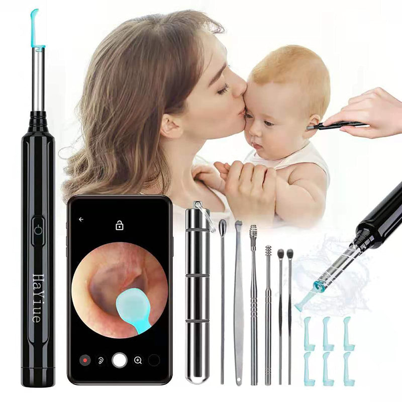 [Australia] - Ear Wax Removal with Camera, Earwax Remover Tool, 1296P FHD Wireless Ear Otoscope with 6 LED Lights, 6 Ear Spoon & 6 Traditional Tools Ear Wax Removal Kit for iPhone, iPad & Android Smart Phone Black 