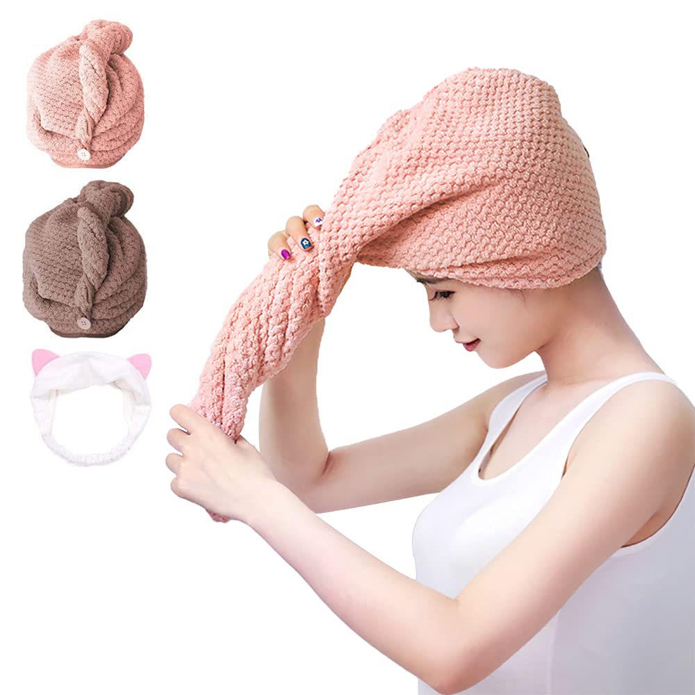 [Australia] - Microfiber Hair Towel Hair Drying Towels, Hair Towel Wrap Quick Dry Hair Towel for Women, 2+1 Pack Hair Wraps for Women Microfiber Hair Towel Turban for Wet Long Thick Hair-(Pink&Coffee) Pink&coffee 