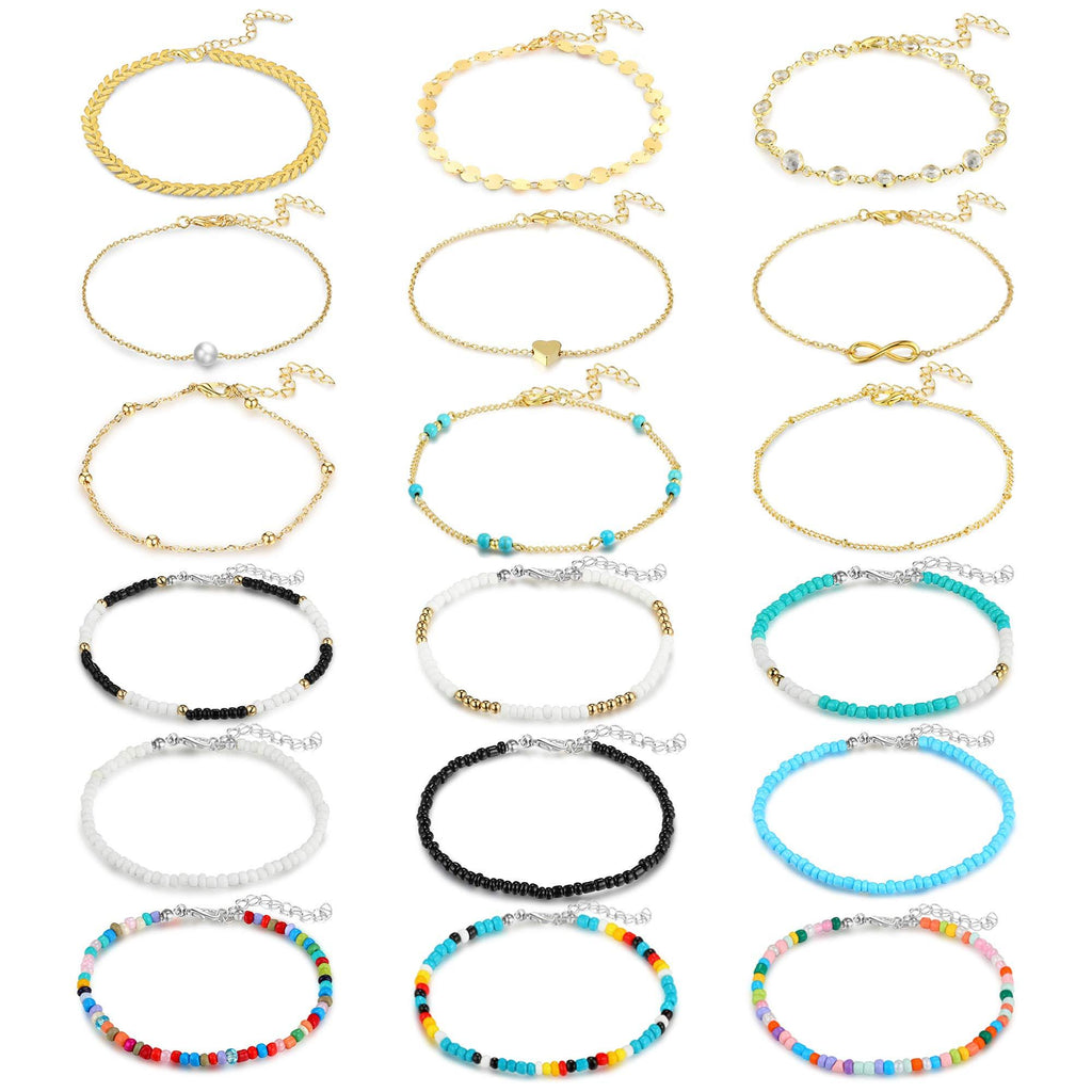 [Australia] - KELAIEN 18 Pcs Ankle Bracelets for Women Girls Handmade Beaded Anklets for Women Girls Beach Boho Layered Adjustable Cute Gold Chain Bracelets Anklet Foot Jewelry Gold Ankle Set A 