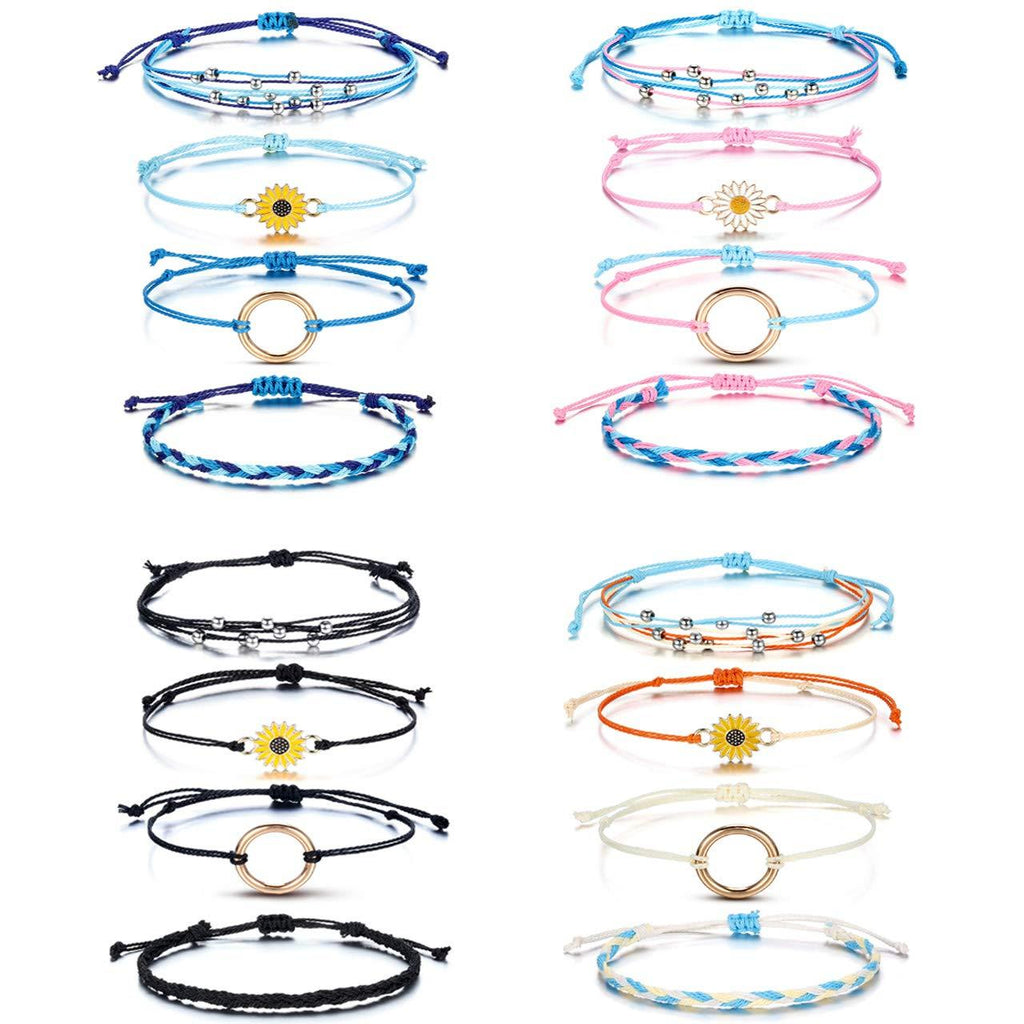 [Australia] - Top Plaza 4 Pcs Summer Surfer Wave Anklet Bracelets for Women Adjustable Strand Braided String Rope Bracelets Sunflower Friendship Bracelets Ocean Beach Jewelry for Women Teen Girls 4 Sets -16 Pcs 