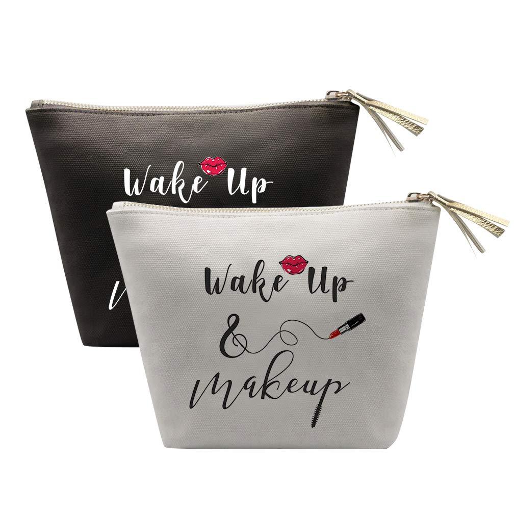 [Australia] - JUPPE 2 Pieces Wake Up And Makeup Canvas Makeup Bags Cosmetic Bags Multipurpose Makeup Pouch Cases Zipper Toiletry Bag for Women And Men (White & Black-2) White & Black-2 