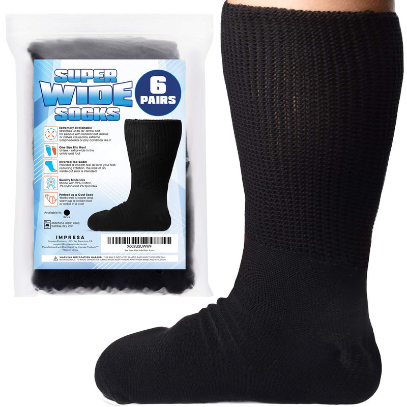 [Australia] - [6 Pairs] of Impresa Extra Width Socks for Lymphedema - Bariatric Sock - Oversized Sock Stretches up to 30'' Over Calf for Swollen Feet And Mens and Womens Legs - One Size Unisex 