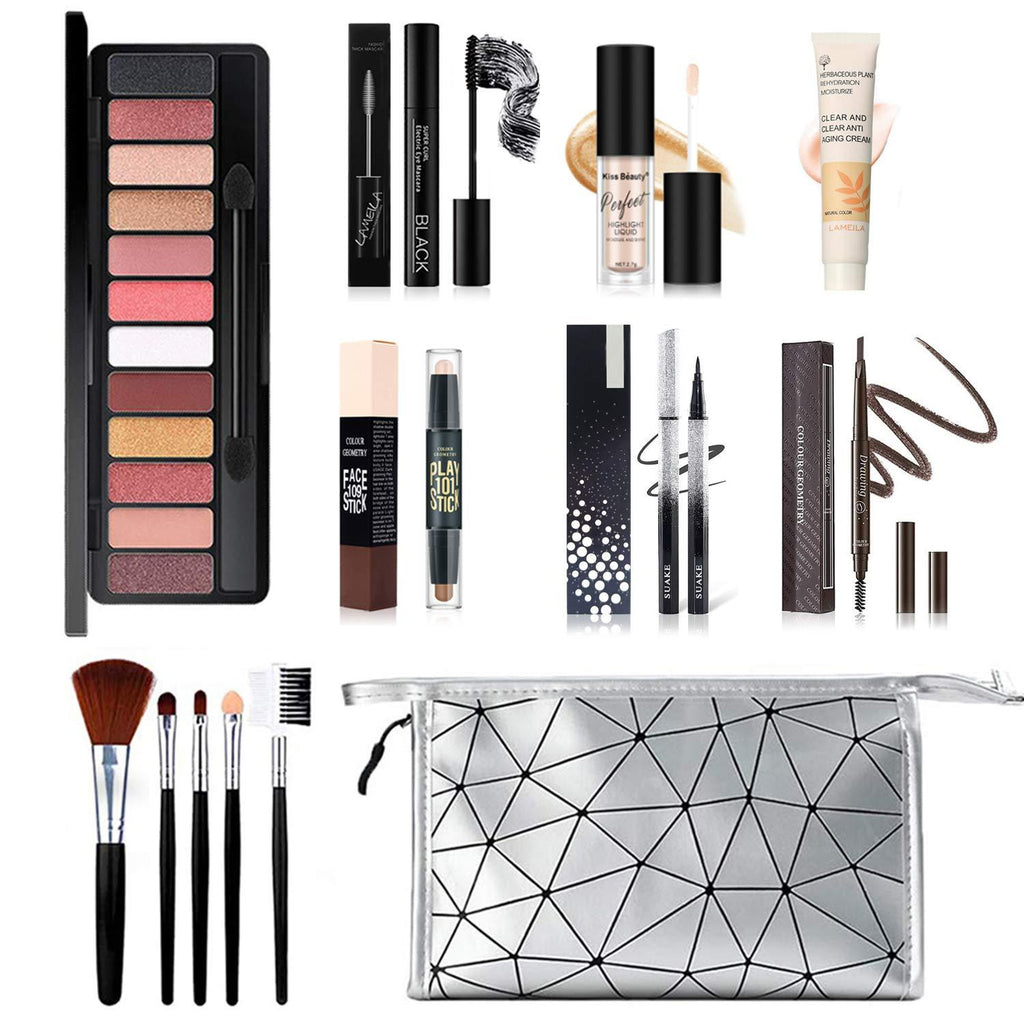 [Australia] - All in One Makeup Kit, 12 Colors Eyeshadow Palette, 5PCS Brush Set, Eyebrow Pencil, Eyeliner & Mascara, Contour Foundation Stick, Makeup Primer and Liquid Highlighter With Cosmetic Bag Makeup Set 