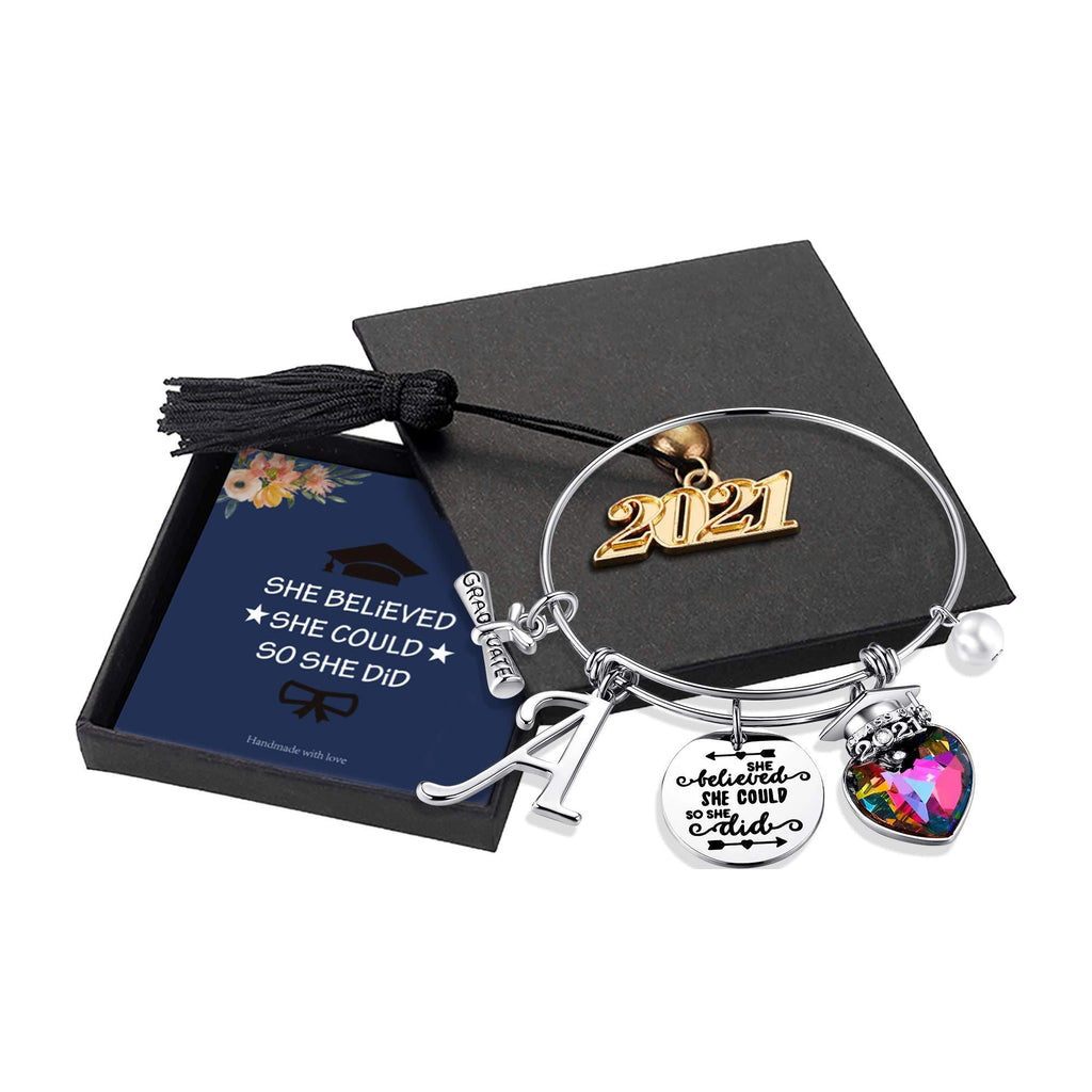[Australia] - Yoosteel 2021 Graduation Gifts Charm Bracelets, 26 Initial Engraved Inspirational Bracelets Quote She Believed She Could So She Did Bracelet College Graduation Gifts for Him Her 2021 High School A-Silver 