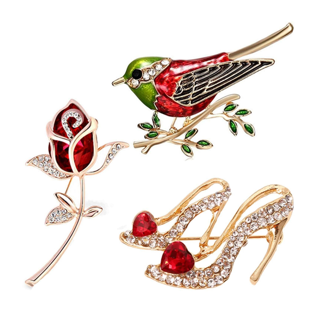 [Australia] - SONGLIN 3pcs Multicolor Red Rhinestone Crystal Bird Flower High Heels Brooch Pin Set for Women colorful 