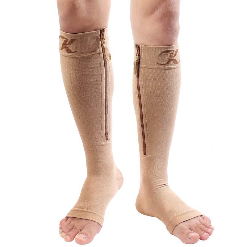 [Australia] - KEKING® Zipper Compression Socks for Men Women, Open Toe, 20-30mmHg Firm Support Knee High Zipper Compression Stockings for Wide Calf - Varicose Veins, DVT, Shin Splints, Edema, Nursing, Beige XXL XX-Large 