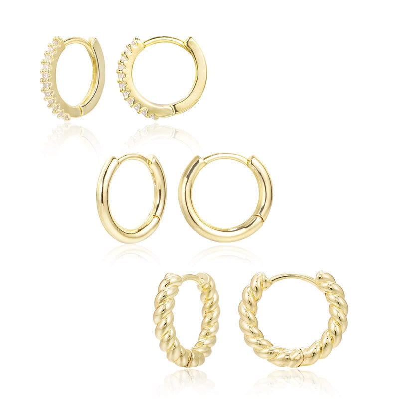 [Australia] - 3 Pairs Small Huggie Hoop Earrings Set 14K Gold Plated 925 Sterling Silver Hypoallergenic Lightweight Huggie Hoops Earrings for Women Girls Cubic Zircon + Smooth + Twisted Hoop Earrings 