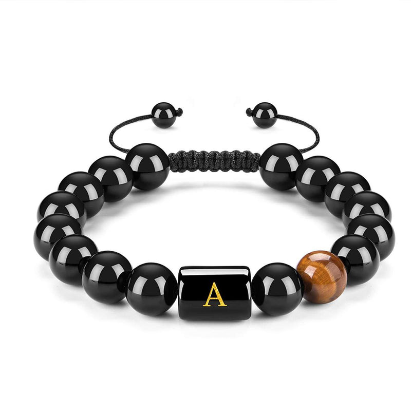 [Australia] - FRG Initials Bracelets for Men Letter Link Pure Handmade 10mm Natural Black Onyx Tiger Eye Stone Beads Braided Rope Bracelet Meaningful Gifts Adjustable (R) A 