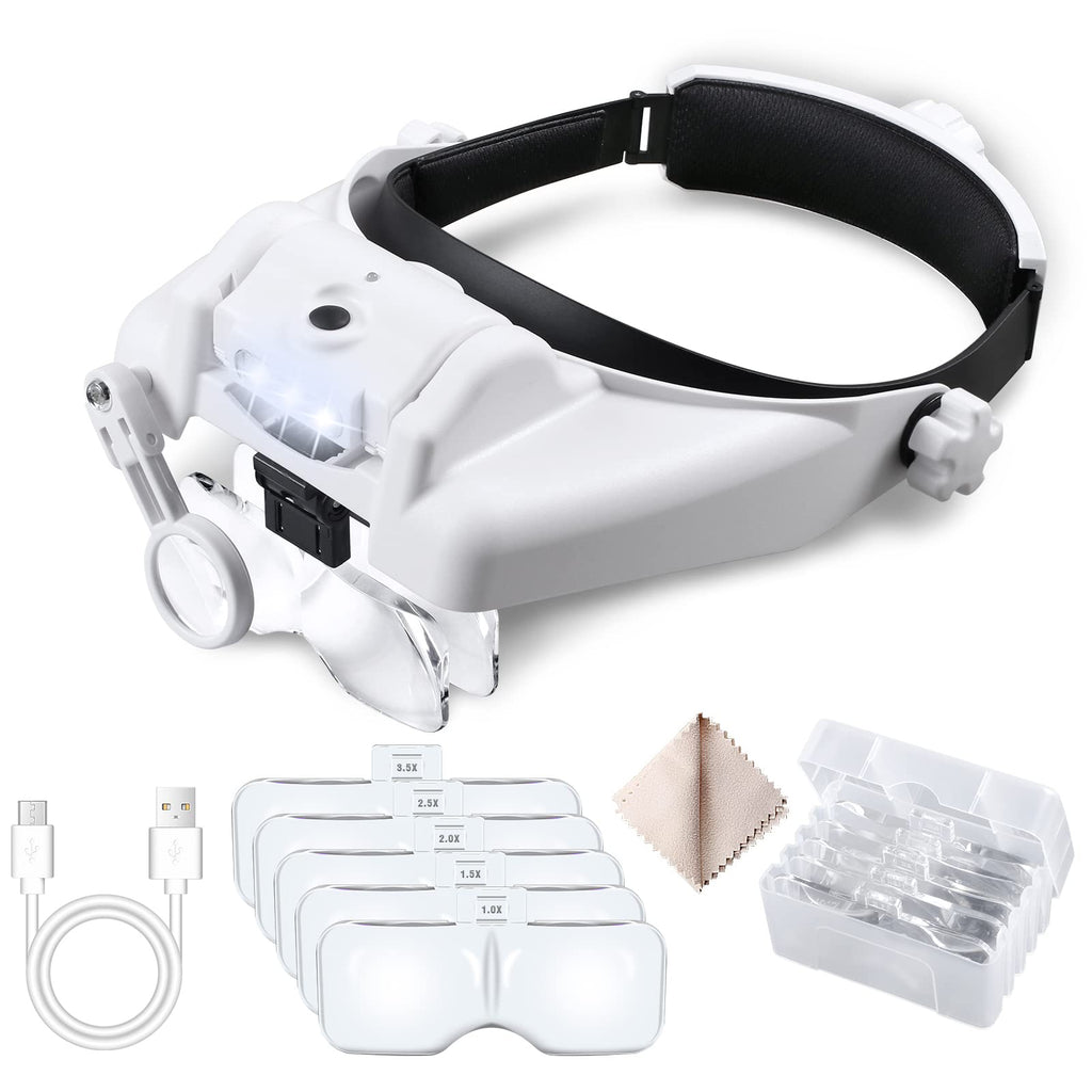 [Australia] - Headband Magnifier with Light 1X to 14X Head Mount Magnifying Glass with 5 Detachable Lens Visor Headset Loupe Tools Handsfree Rechargeable Magnifying Goggles for Close Work, Jewelers, Loupe, Crafts 