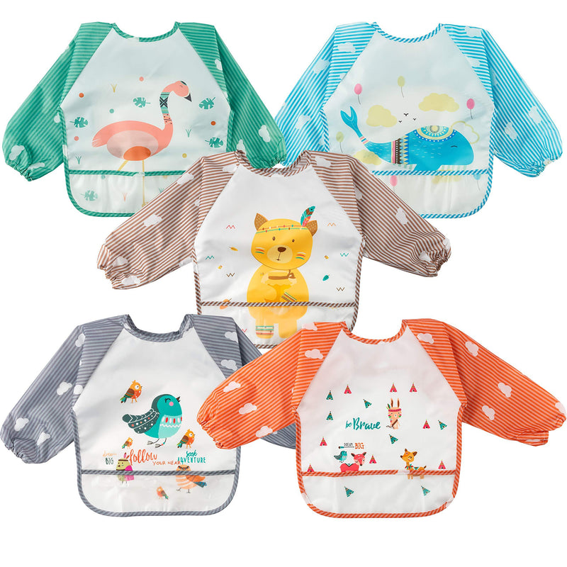 [Australia] - 5PCS Long Sleeved Baby Bibs Animals Pattern Feeding Bibs Infant Toddler Bids Waterproof Long Sleeved Bibs with Pockets Cloth Stain & Odor Resistant Toddler Bibs for Babies Toddlers, 9-36Months 