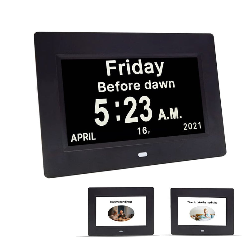 [Australia] - [Newest Version] Digital Day Calendar Alarm Clock- 19 Alarms,Non-Abbreviated Day & Month Memory Loss,Dementia,Alzheimer's Vision Impaired Clock for Elderly/Seniors (7inch Black) 7inch Black 
