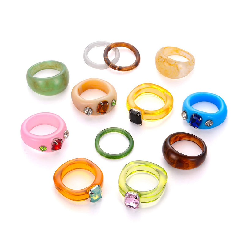 [Australia] - BMMYE 12Pcs Resin Rings for Women Girls Colorful Wide Thick Dome Acrylic Rings Retro Chunky Plastic Transparent Finger Ring for Adult Women's Beach Jewelry Style 1 