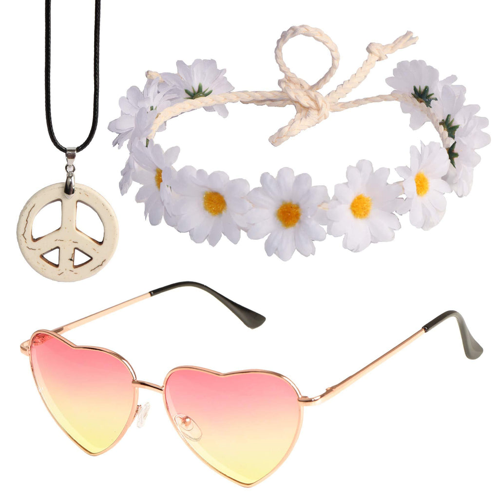 [Australia] - Hippie Costume Set- Flower Crown Headband Heart Sunglasses Adjustable Peace Sign Pendant Necklace 1960s outfit Accessories Style-a 