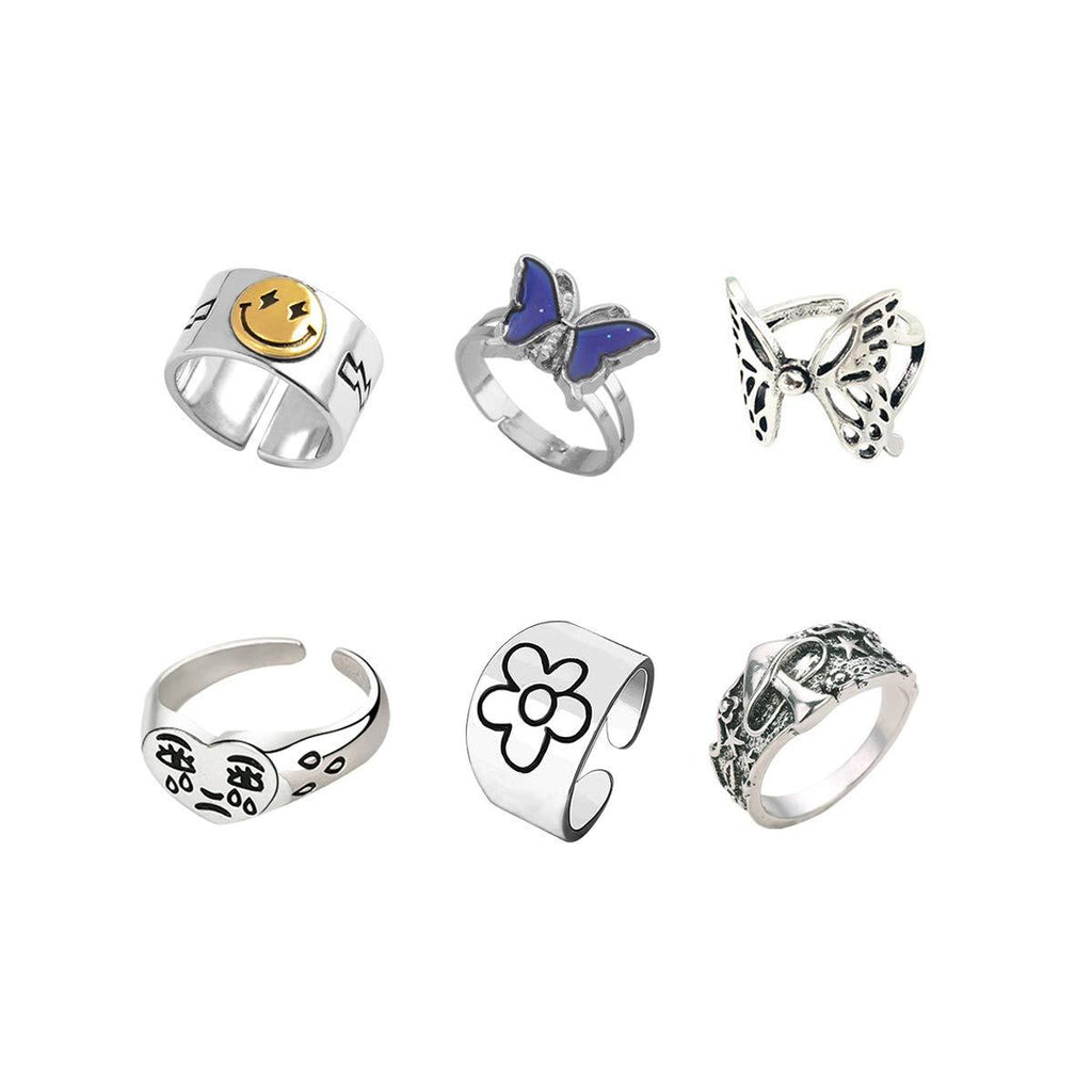 [Australia] - 6pcs Smiley Crying Face Knuckle Ring Set Chunky Adjustable Butterfly Vintage Silver Mushroom Star Flower Ring Pack for Women A: 6pcs Silver&Gold 