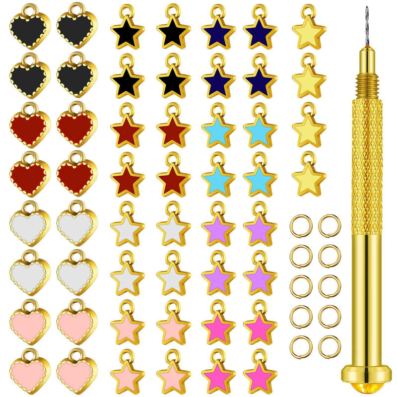 [Australia] - 113 Pieces Dangle Nail Piercing Charms Set, Nail Art Piercing Tool Hand Drill and Colored Hearts Stars Rings Jewelry Rings for Tips, Acrylic, Gels Decorations, Colored Hearts and Stars (Chic Color) Chic Color 