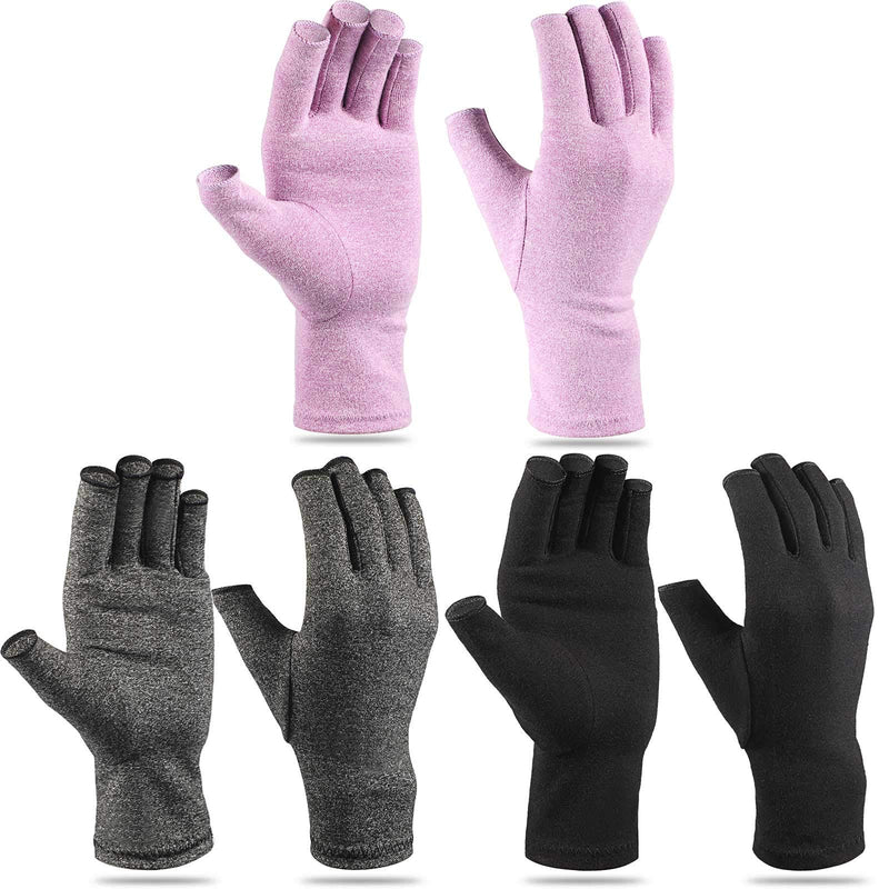 [Australia] - 3 Pairs Compression Craft Arthritis Hands Gloves Fingerless Pressure Joint Relief for Quilting Sewing Typing Household Duties Black, Gray, Purple Medium (3 Pair) 