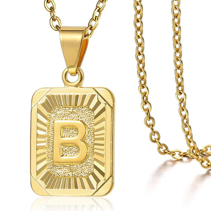 [Australia] - Trendsmax Rectangle Initial Letter Pendant Charm for Mens Womens Gold Plated Capital Letter Pendant Necklace Rolo Chain 18inch 01.Pendant Necklace-Initial B 
