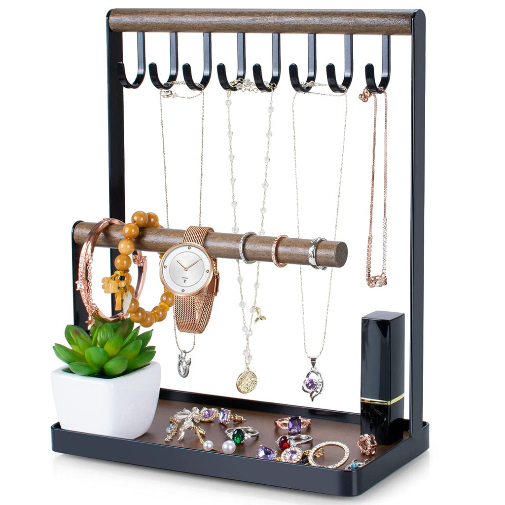 [Australia] - PAMANO Jewelry Stand Holder, 3-Tier Necklace Hanging Wooden Ring Organizer Earring Tray, 8 Hooks Storage Necklaces, Bracelets, Rings and Watches on Desk Tabletop- Black 3T 