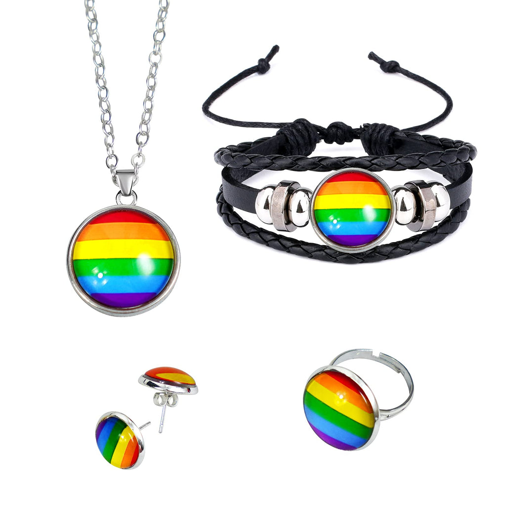 [Australia] - Pride Day Bracelets Necklace Ear Stud Earring Ring– LGBT Gay Rainbow Jewelry Accessories 4PCS 