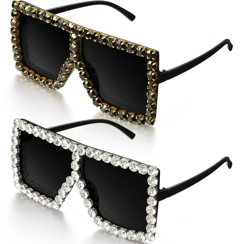 [Australia] - 2 Pairs Oversize Square Crystal Sunglasses, Flat Top Oversized Sunglasses, Retro Thick Frame Bling Sunglasses for Women Men Black 
