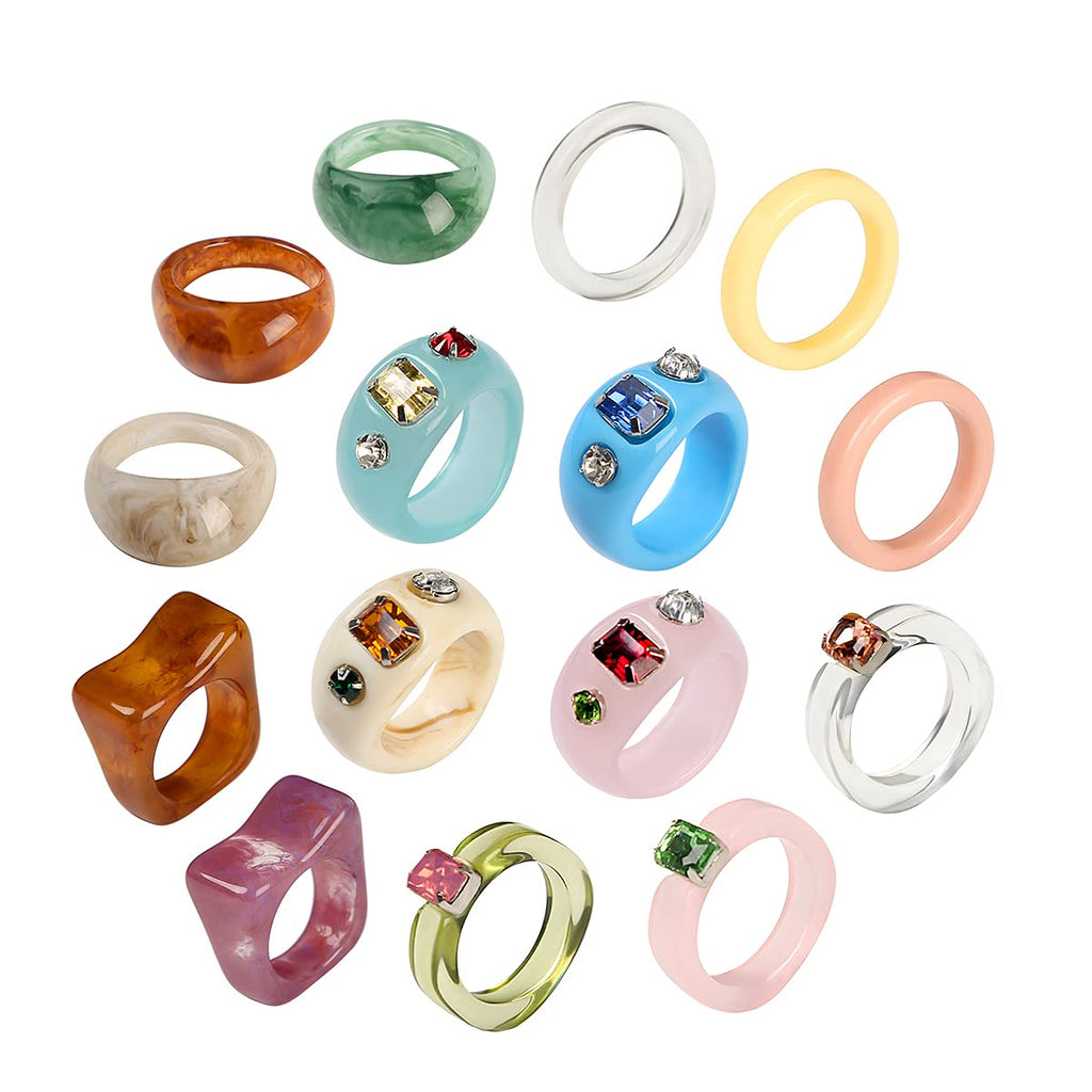 [Australia] - AIDSOTOU 20 Pcs Resin Rings Acrylic Cute Trendy Rings Colorful Rhinestone Rings Jewelry Plastic Resin Square Gem Stackable Chunky Ring for Women Girls 15Pcs Colorful Rings 