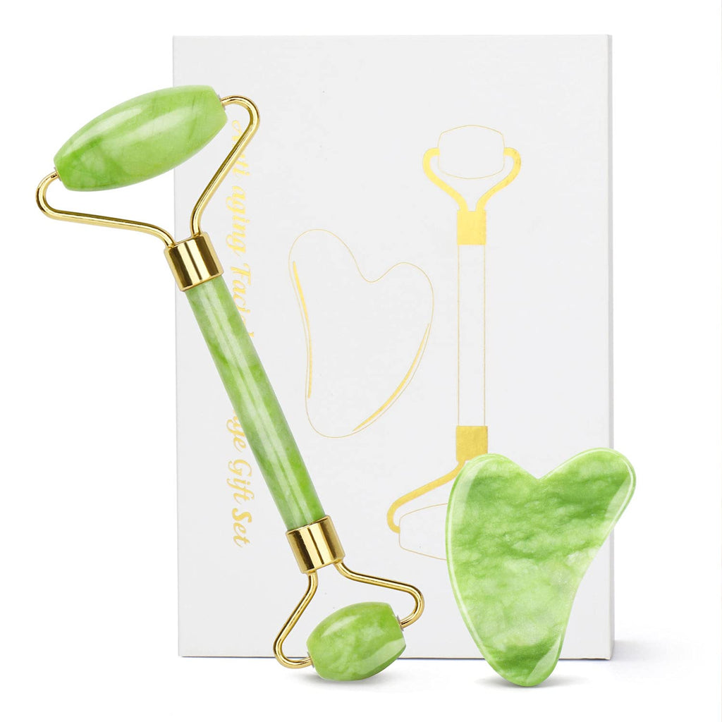 [Australia] - Jade Roller and Gua Sha Set Tool - Face Roller Skin Care - Guasha: 100% Real Natural Jade -Eye Treatment Products, Facial Roller for Skin, Eyes, Neck- Authentic, Durable, Noiseless Design Green 