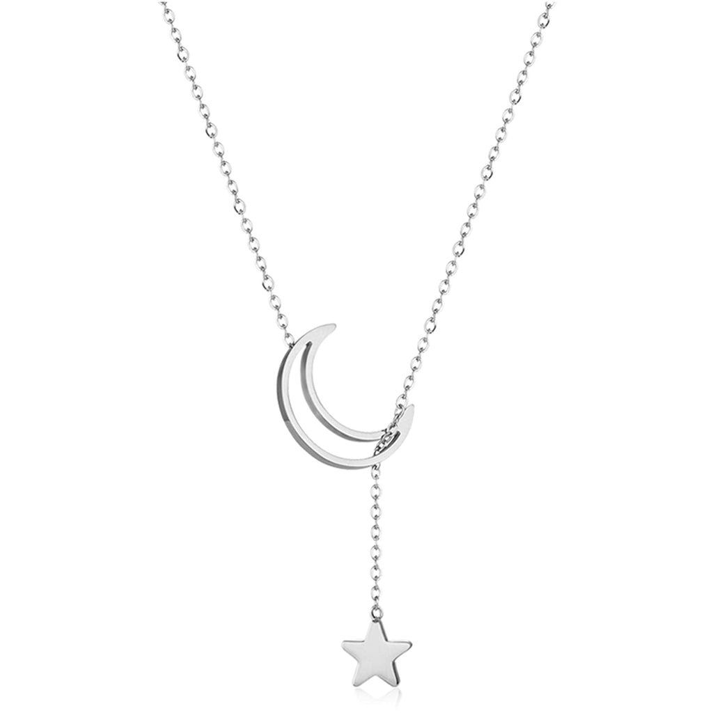 [Australia] - ZEGL Moon Star Necklaces for Womens Girls 18K White/Rose Gold-Plated Simple Crescent Pendant Y Necklace Lariat Jewelry Gifts for Her Silver 