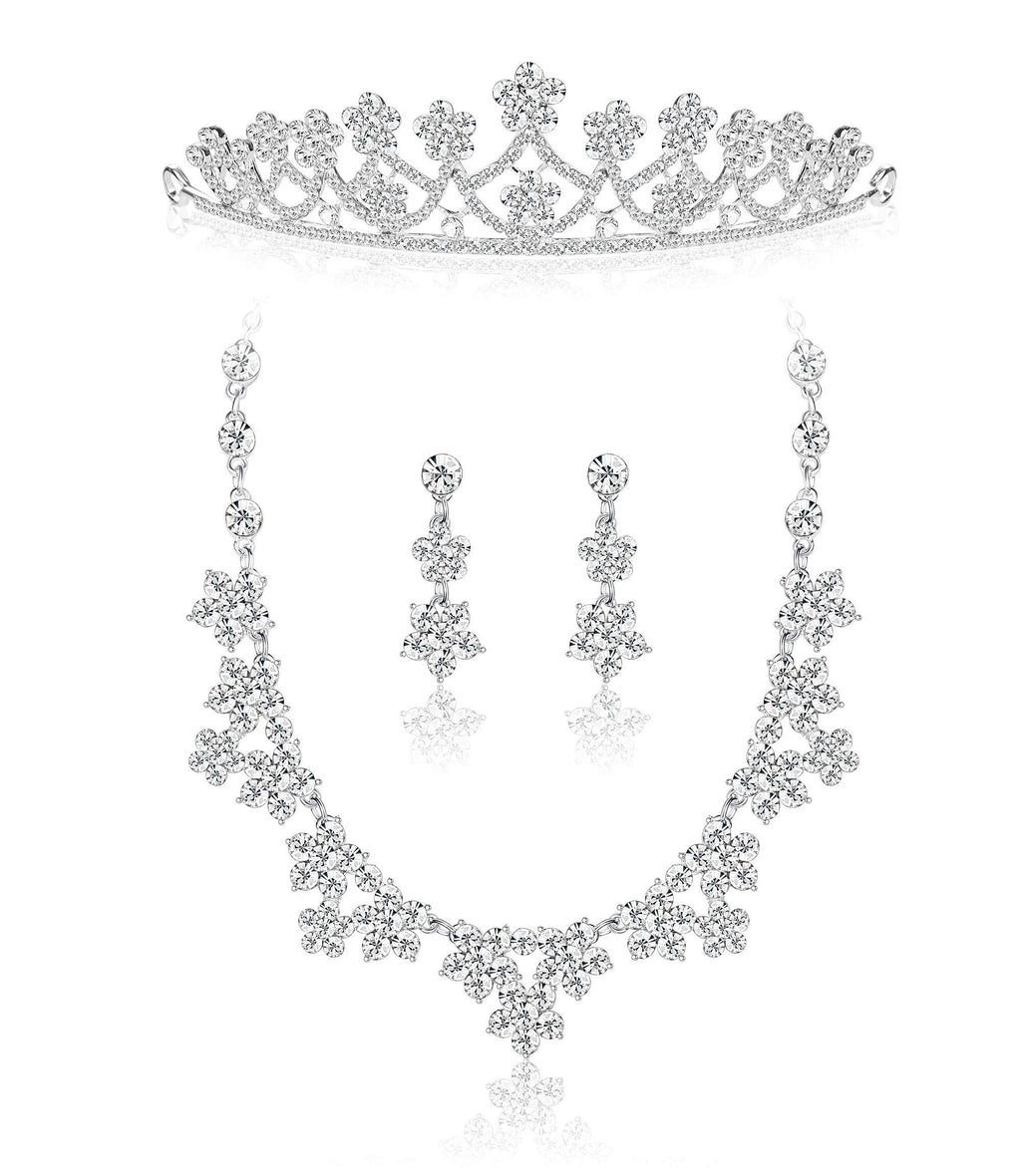 [Australia] - Ubjuliwa Crystal Bride Jewelry Sets for Wedding Silver Necklace Earrings Crown Jewelry Set for Women Bridal Bridesmaid Gift Fit with Wedding Party 