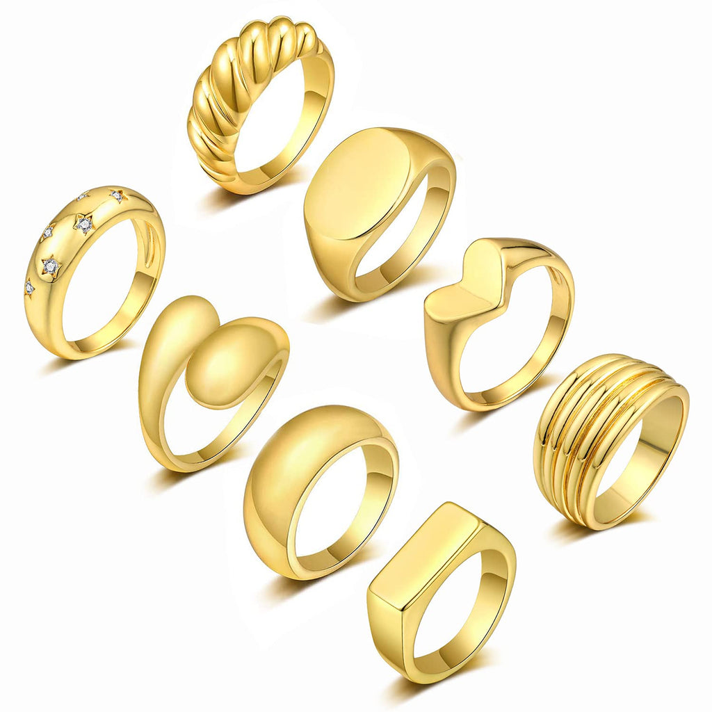 [Australia] - Honsny 8PCS Gold Dome Chunky Rings for Women Girls 14K Gold Plated Cubic Zirconia Inlaid Star Braided Twisted Round Signet Rings Minimalist Statement Ring Set Size 5-9 