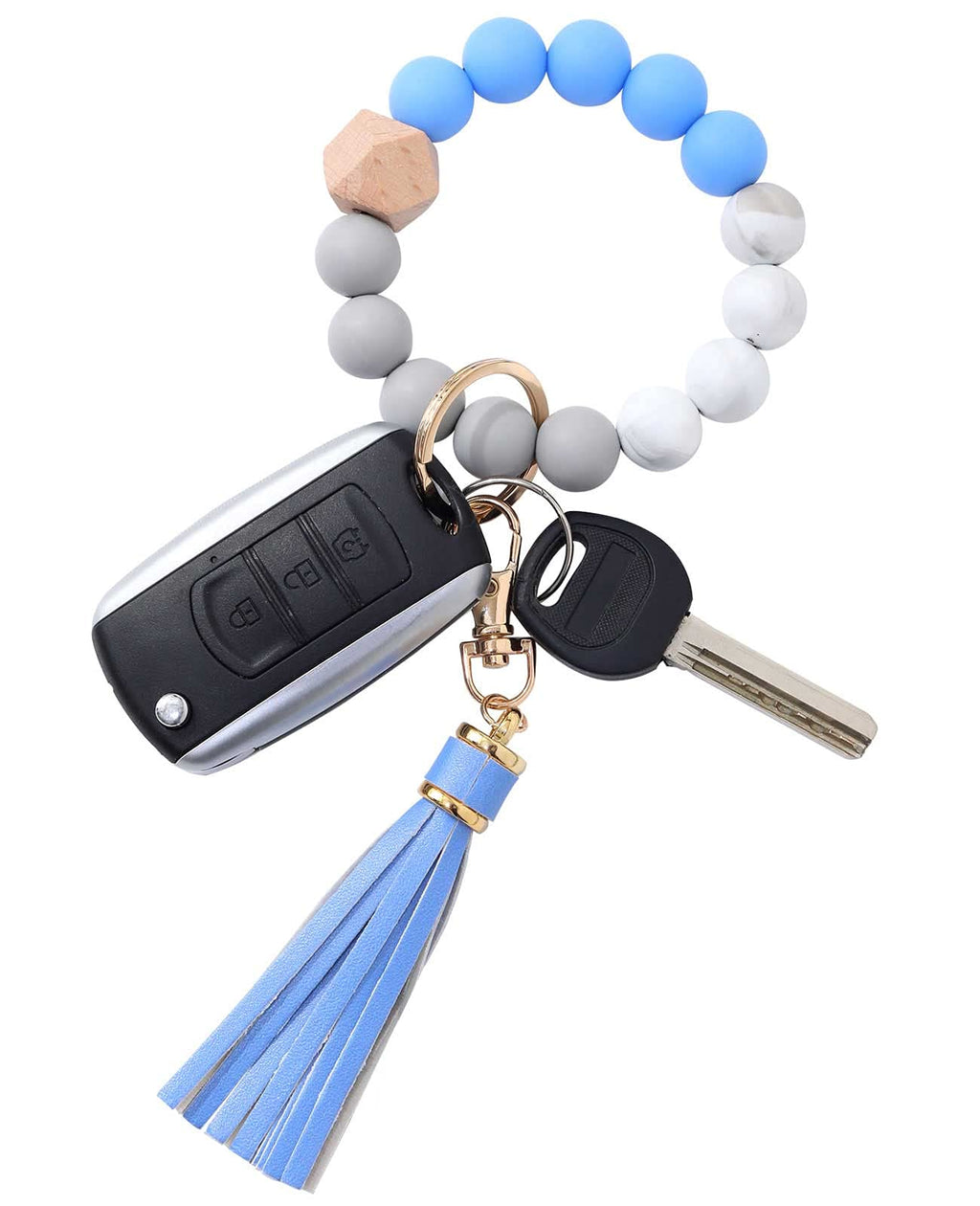 [Australia] - Silicone Beaded Bracelet Keychain Wristlet Key Ring Bangle Chains for Women with Leather Tassel Blue 
