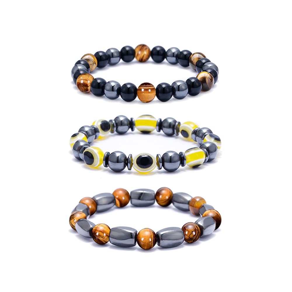 [Australia] - XIMEO 3PCS Hematite Magnetic Therapy Bracelets - Tiger Eye Stone, Black Obsidian, Evil Eye Bracelet Stress Relief and Anxiety Bracelet, Healing Crystal Bracelet for Men Women A Tiger eye 