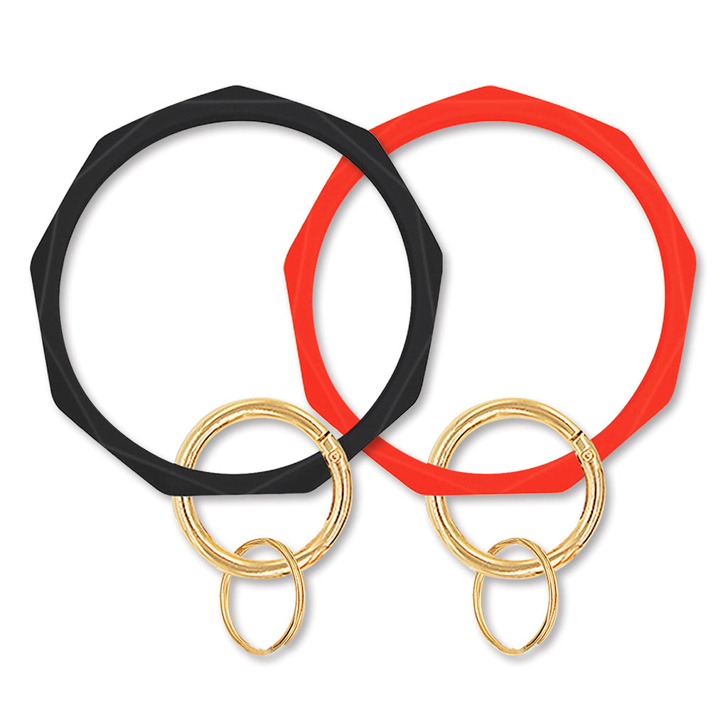 [Australia] - FindFun Women Silicone Beads Key Ring Chain Wristlet Keychain Bracelet Leather Tassel Bangle 2 Pcs-black & Red-rhombic 