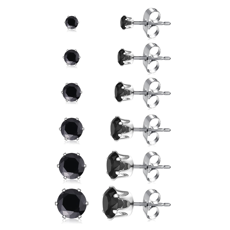 [Australia] - CLOIOO Stud Earrings Set for Women 14K White Gold Plated Cubic Zirconia, Anti-tarnish Stainless Steel Stud Earring Pack of 6 Pairs 3-8mm Black 