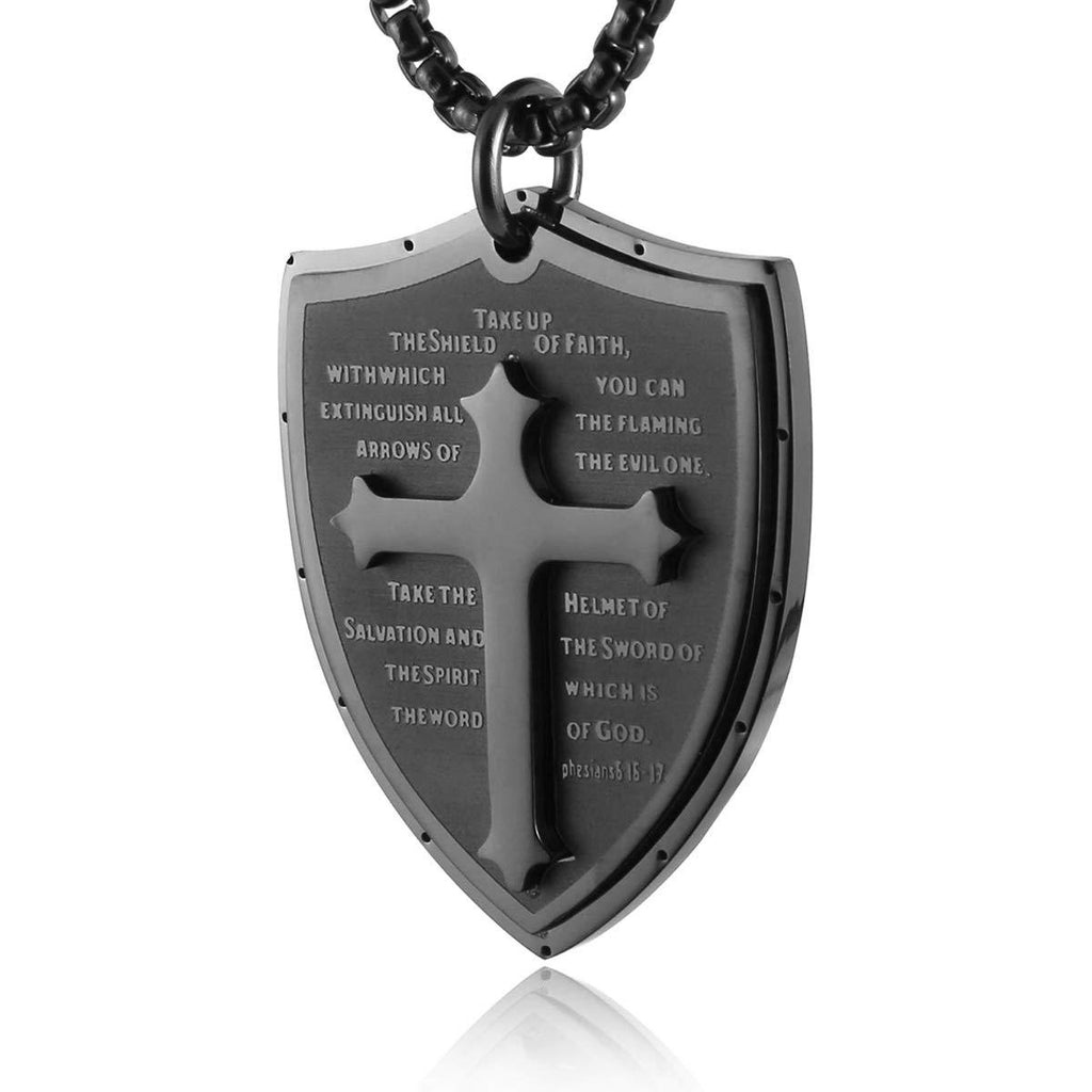 [Australia] - MAKEZTSD Men Shield Armor of God Ephesians 6:16-17, Faith Cross Stainless Steel Shield of Faith Pendant Necklace, Jewelry Gift Necklace for Men Black 