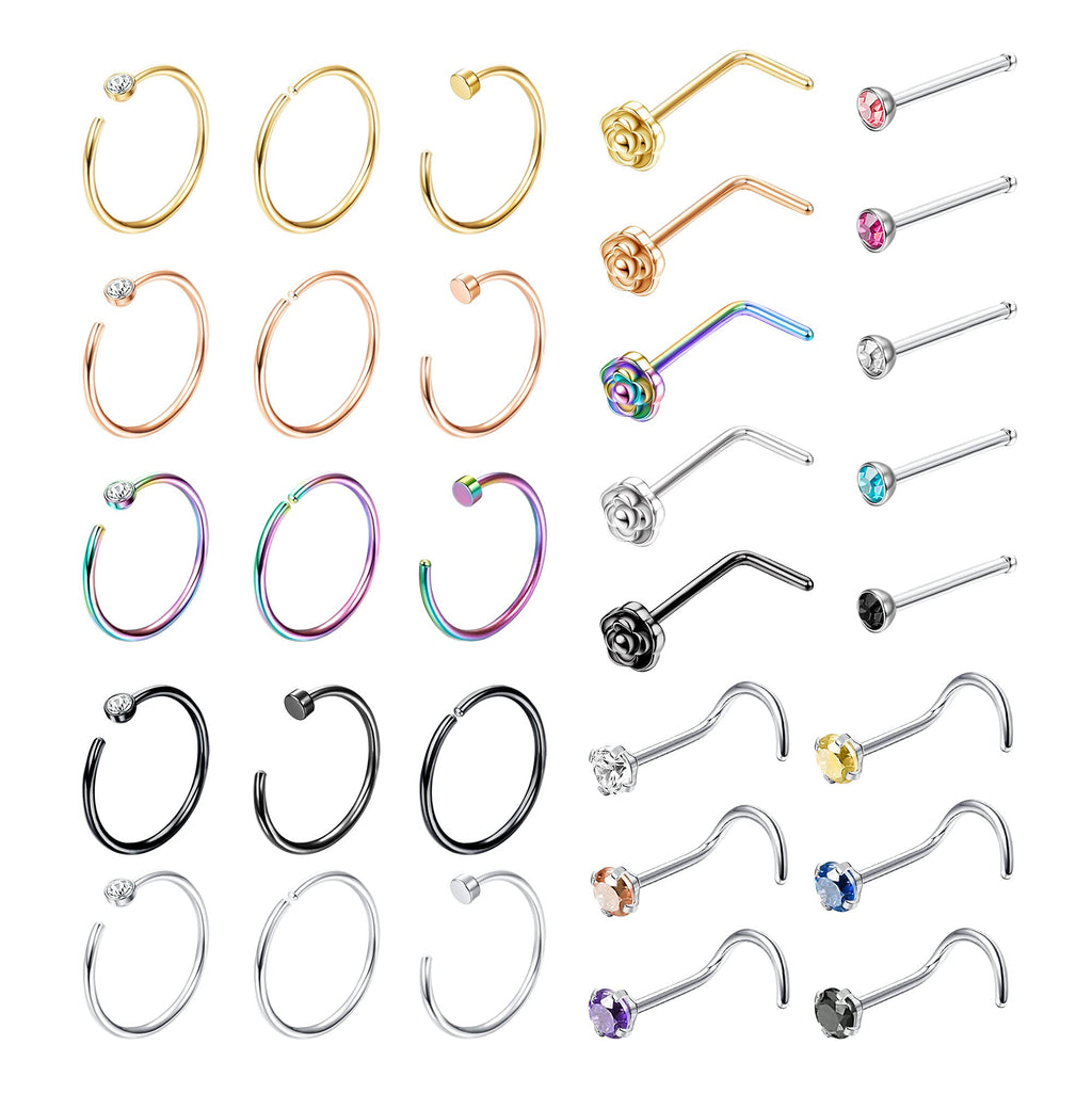 [Australia] - DOLOTTA 31 Pcs 20G Surgical Steel Hoop Nose Rings Studs for Women Men Hoop Lip Ring Nose Piercing Jewelry Set style1 