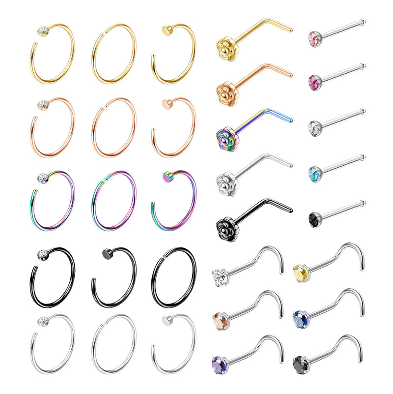 [Australia] - DOLOTTA 31 Pcs 20G Surgical Steel Hoop Nose Rings Studs for Women Men Hoop Lip Ring Nose Piercing Jewelry Set style1 