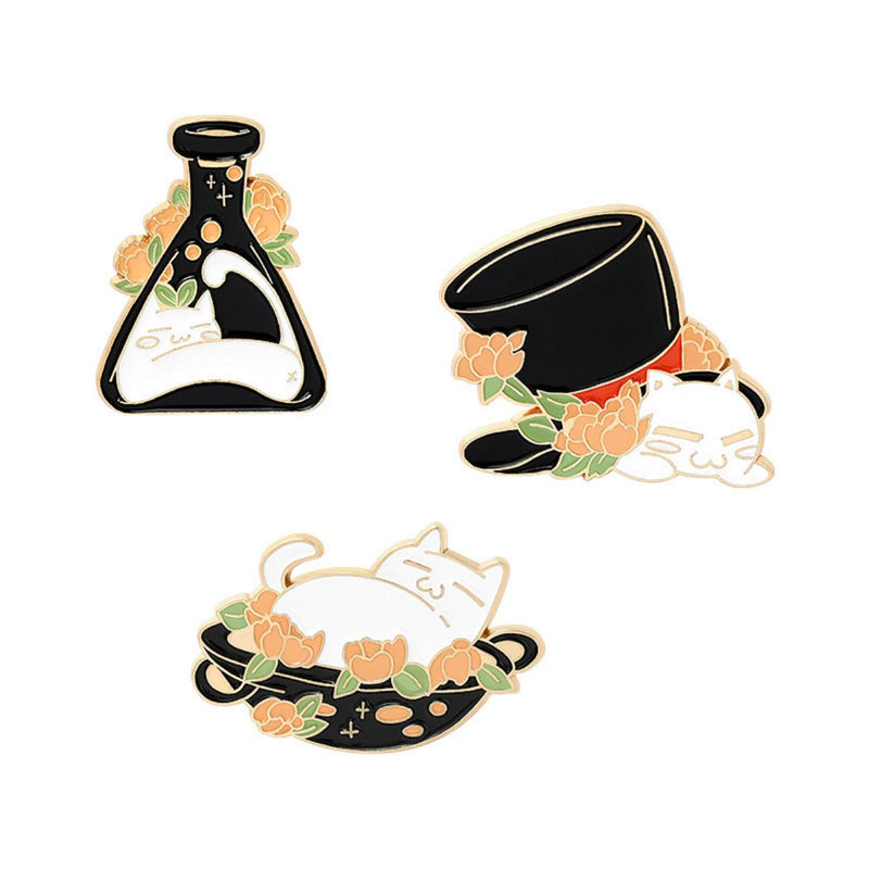 [Australia] - Cute Enamel Brooch Pins Cartoon Animal Various Novel Designs Brooch Pins for Backpacks Badges Hats Bags Lapel Pins Accessory for Women Girls Kids Gift Cat with Flask/ Top Hat / Pot 