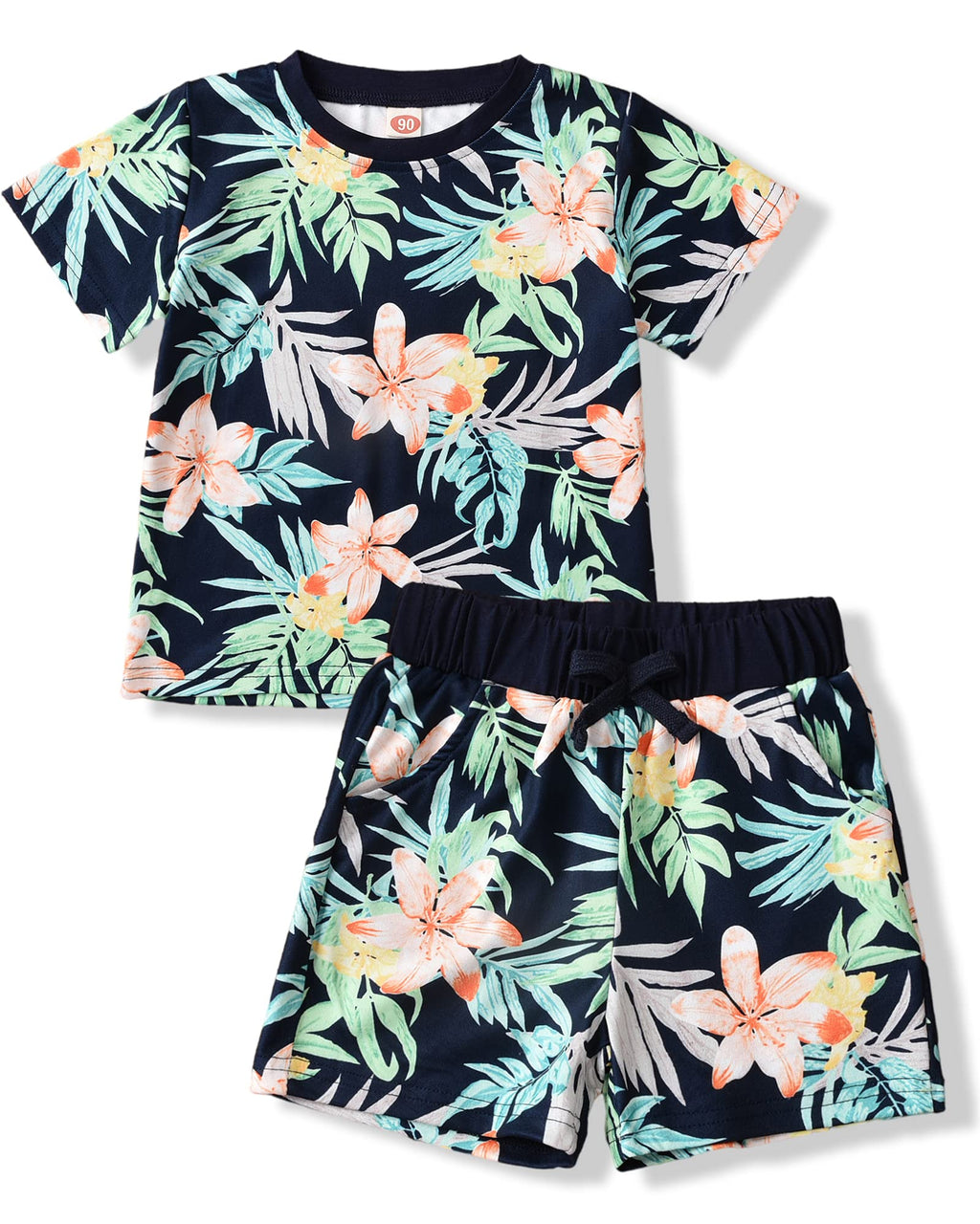[Australia] - Toddler Little Boys Girls Summer Outfits Hawaiian Floral T-Shirt Shorts Set Beach Clothes Black 2T 