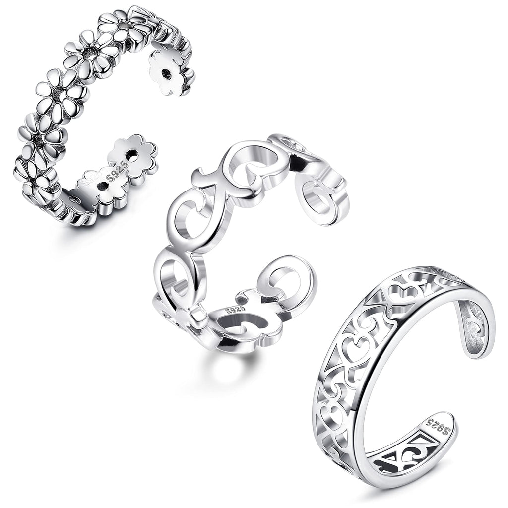 [Australia] - Udalyn 3 Pcs 925 Sterling Silver Open Toe Rings for Women Adjustable Band Rings Finger Foot Jewelry Set Hypoallergenic Open Toe Rings B: silver flower toe rings 