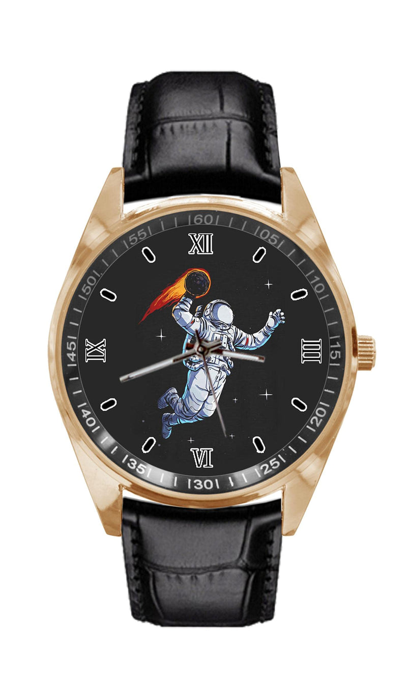 [Australia] - XUTAI Custom Modern Casual Fashion Gold Dial Black Leather Strap Men's and Women's High Performance Sports Watch Astronaut Shooting Earth 
