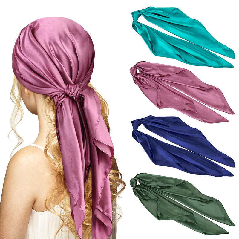 [Australia] - Vicpen 4 Pieces 35 Inch Satin Head Scarves Large Square Scarves Silky Head Scarf Bright Colors 