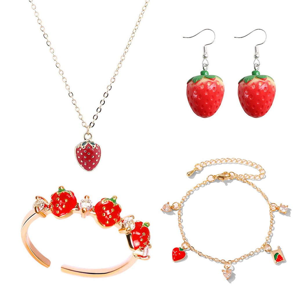 [Australia] - FUTIMELY 4 Pcs Strawberry Jewelry Set for Women Teen Girls Red Strawberry Necklace, Strawberry Earrings, Strawberry Ring, Strawberry Bracelet Cute Food Fruit Charm Jewelry Gift 