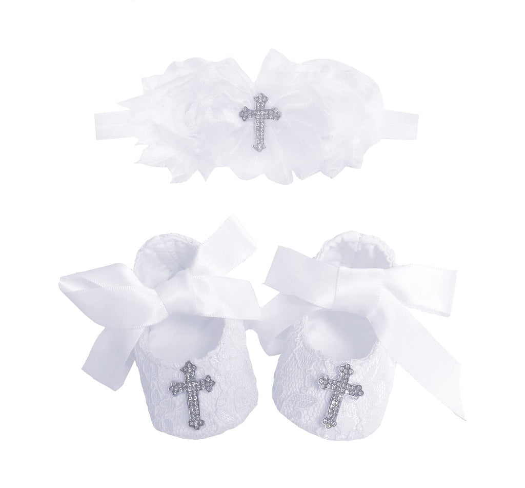 [Australia] - Bow Dream Baby Girl Baptism Christening Shoes Dedication Lace Reinstones with Headband 0 - 3 Months 2pcs White 