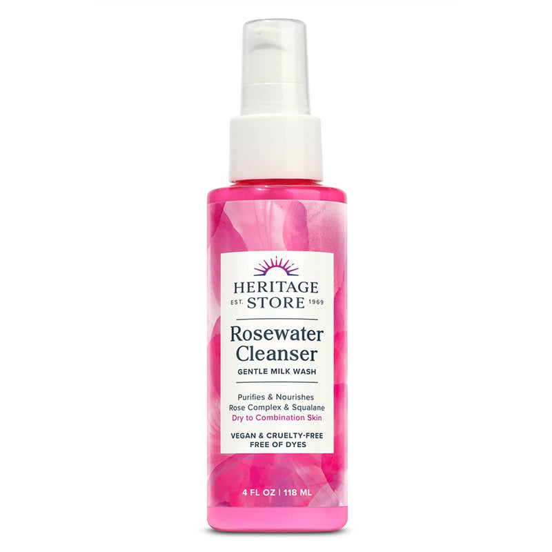 [Australia] - Heritage Store Rosewater Facial Cleanser, pH Balanced Milk Wash Purifes & Nourishes with Squalane & Rose Complex, Dry to Combination Skin Care, 60-Day Money-Back Guarantee, Vegan & Cruelty Free, 4oz 
