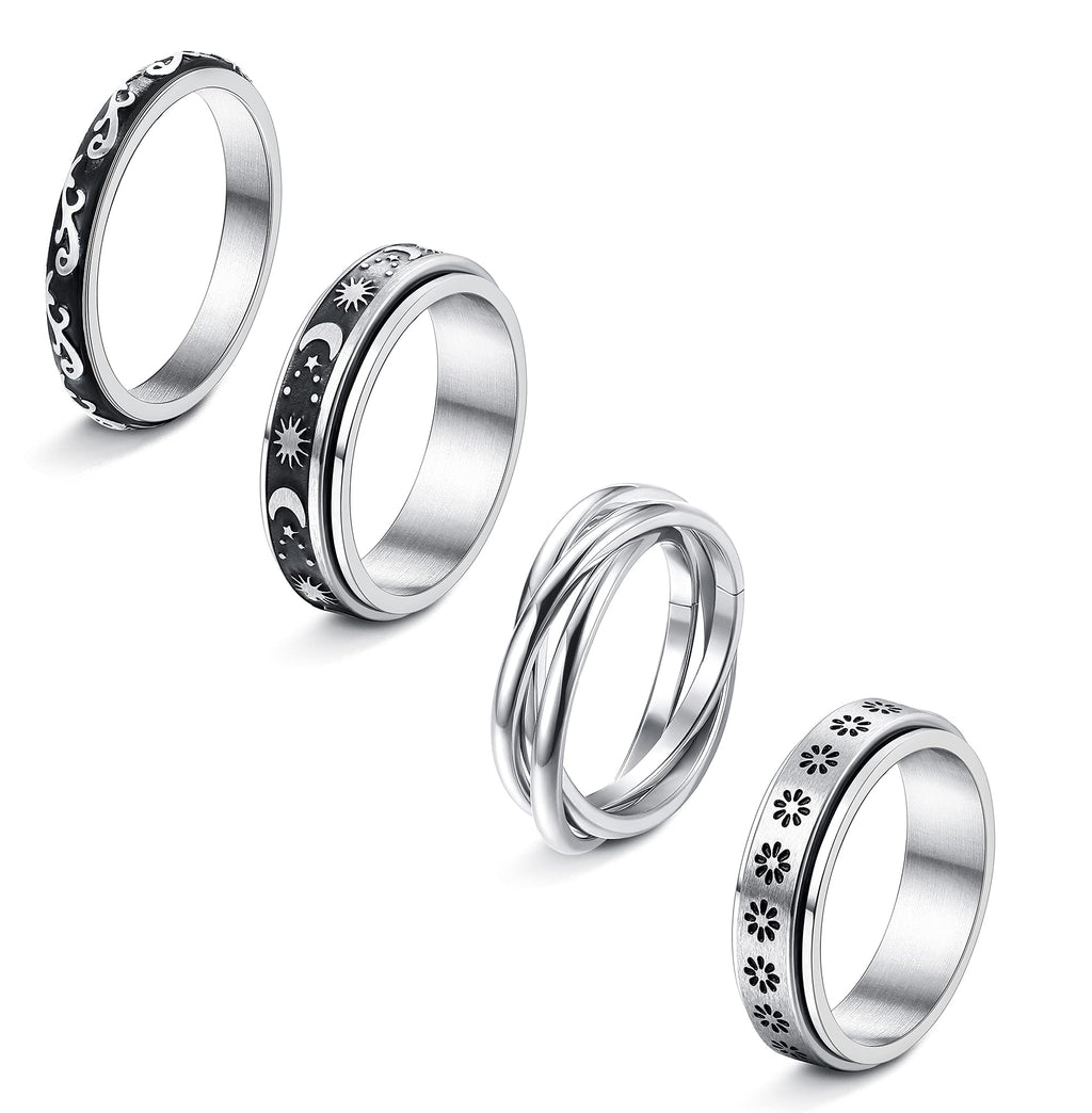 [Australia] - Jstyle 4Pcs Stainless Steel Fidget Band Rings Spinner Rings for Women Mens Triple Interlocked Rolling Flower Moon Star Sun Ring Celtic Stress Relieving Reduce Anxiety 5 