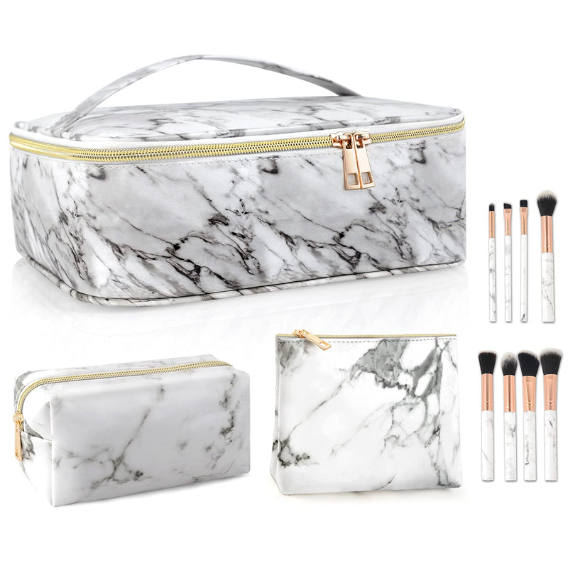 [Australia] - 3PCS Makeup Bags for Women with 10 Pcs Brushes, Portable Travel Cosmetic Bag for Accessories, Waterproof Marble Large Organizer Makeup Case, Multifunction Artist Storage Case with Adjustable Dividers 