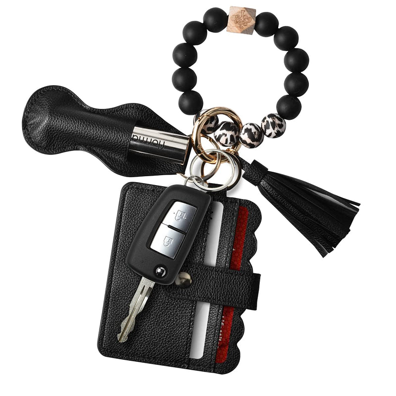 [Australia] - Women Wristlet Bracelet Keychain Wallet,Silicone Beaded Bangle Keyring Tassel Black One Size 