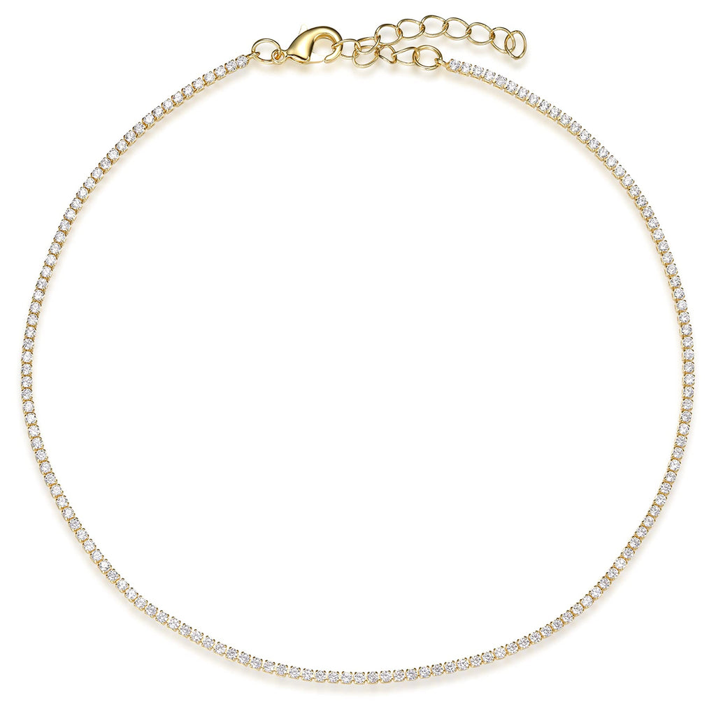 [Australia] - Vescence Cubic Zirconia Choker Adjustable 12-14 Inch | 1.75mm Round Cut Tennis CZ Chain Necklace Gold for Layering | Bridal Party Gold Jewelry Hypoallergenic 14.0 Inches 