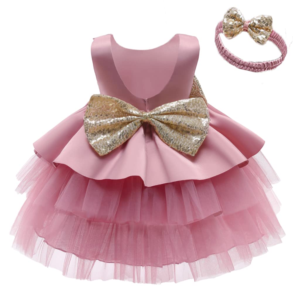 [Australia] - WZSYGDTC Toddler Girls Backless Sequins Bowknot Tutu Gown Infant Wedding Bridesmaid Party Dresses with Headwear Bean Paste 6-12 Months 